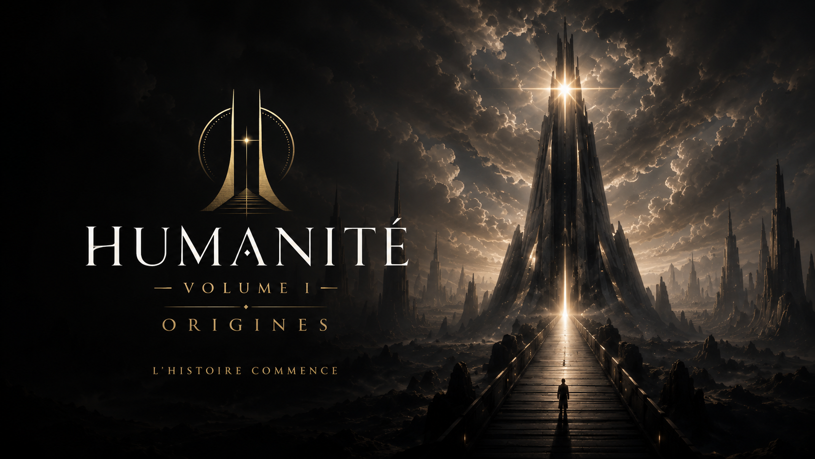 Humanité — Volume I — Origines : une silhouette face à une cité monumentale éclairée par une lumière céleste.